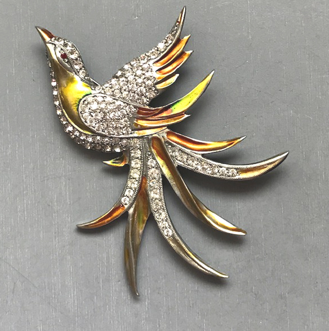 BIRD in flight enameled bird brooch with sparkling clear rhinestone pave