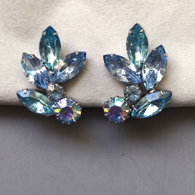 PASTEL blue aurora and rhinestone earrings in a rhodium plated setting