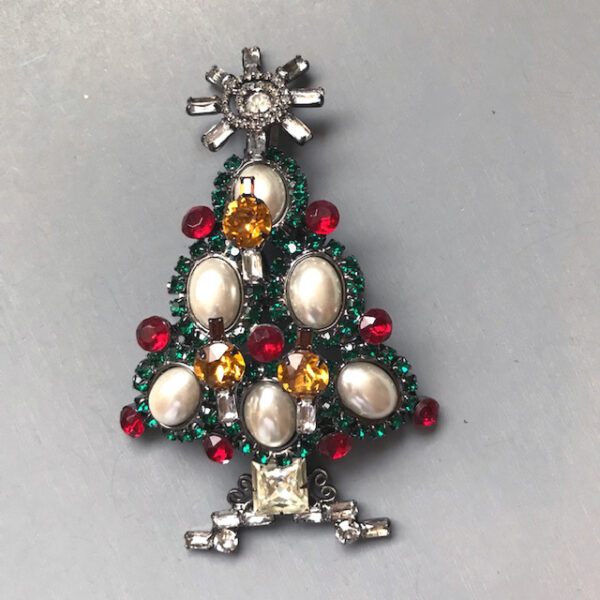 LARRY VRBA Christmas tree brooch with lovely oval glass pearl ornaments, red rhinestone "lights", clear and topaz colored rhinestone candles