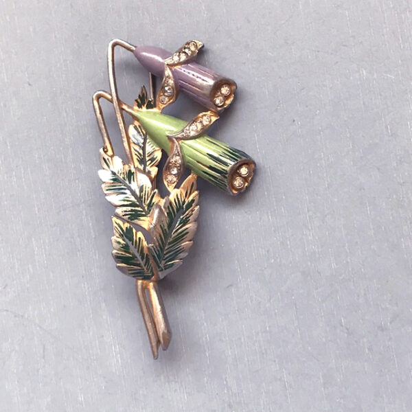 DEJA ORIGINAL enameled trumpet flower and leaves bouquet brooch in lavender and green with clear rhinestones