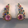 HOBE comma shaped earrings with pink, blue, rose and green stones, the stones are garnet and glass doublets - Image 2