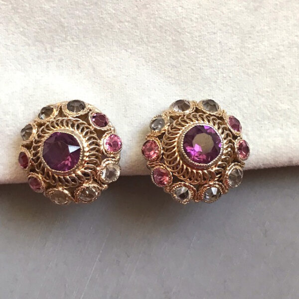 HOBE earrings with unfoiled faceted rhinestones in purple, pink and clear, all set in sterling gilt hand made wire work filigree