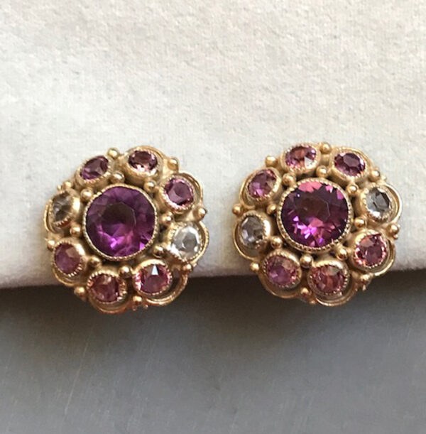 HOBE earrings in unfoiled purple, pink and clear unfoiled rhinestones set in hand made gilt wire work